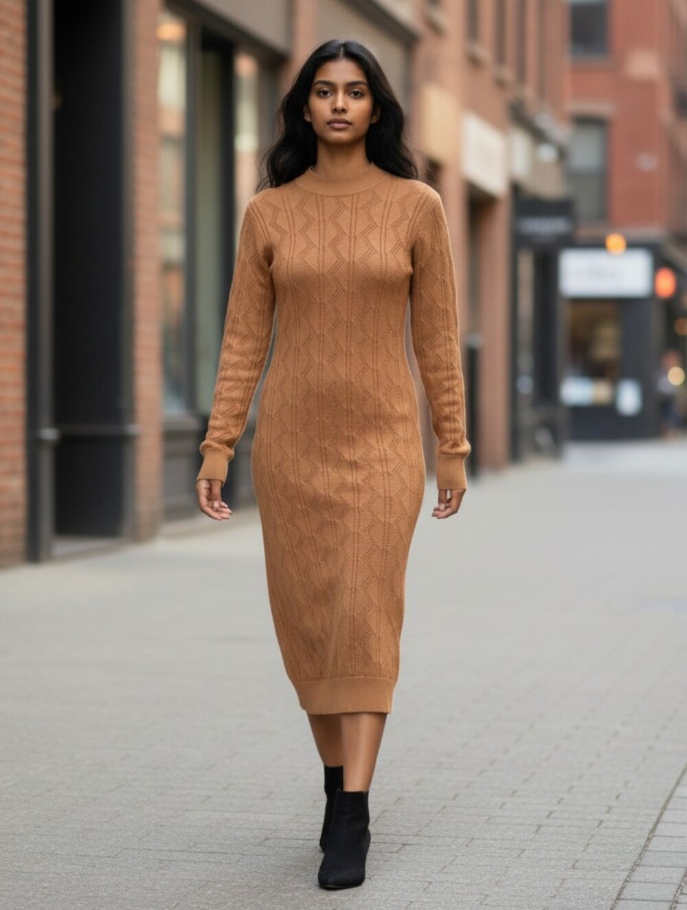 Women's Camel Brown Long Sleeve Cable Knit Midi Sweater Dress Size XL
